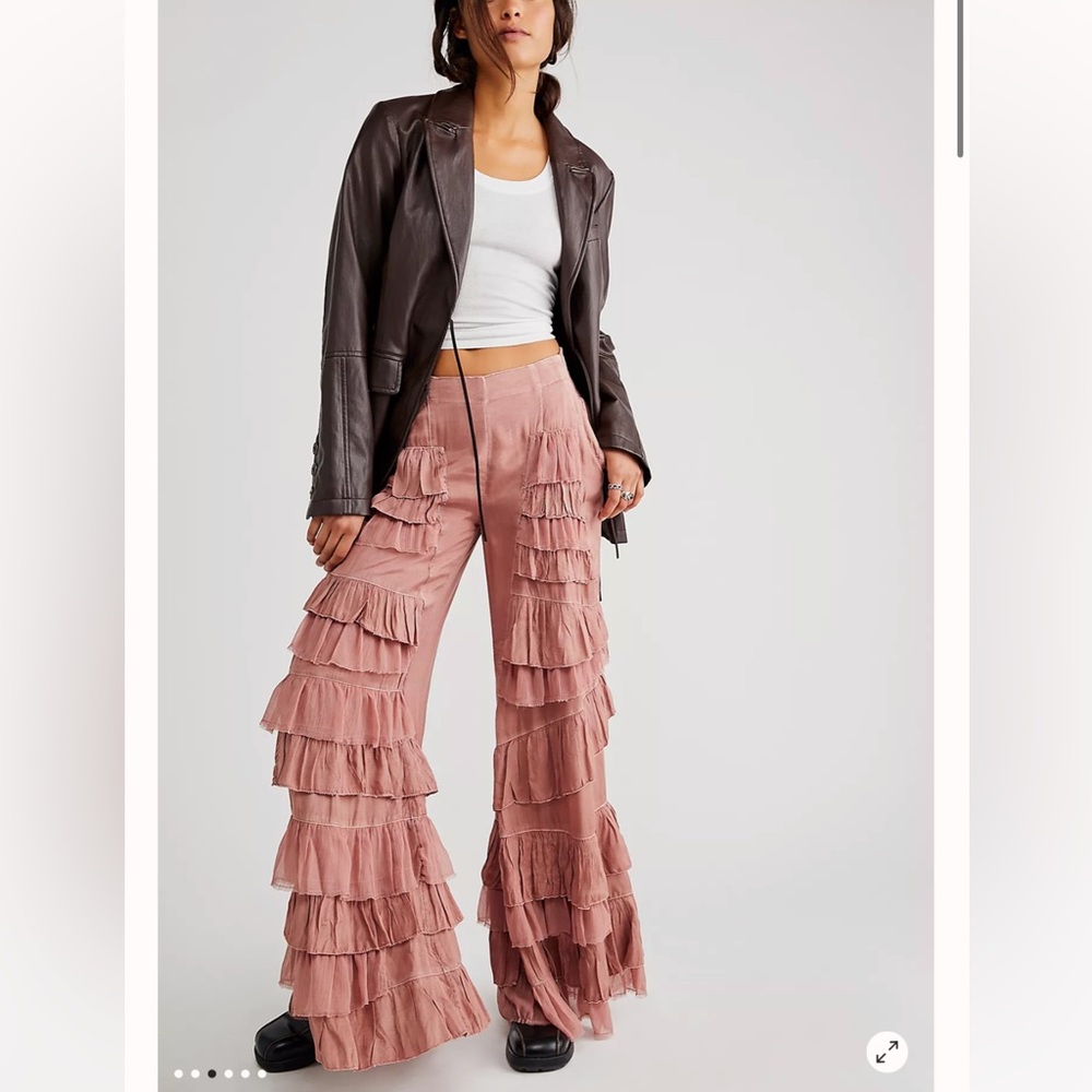 Free People Rock And Frill Tiered Ruffles Frayed Smocked Pants M